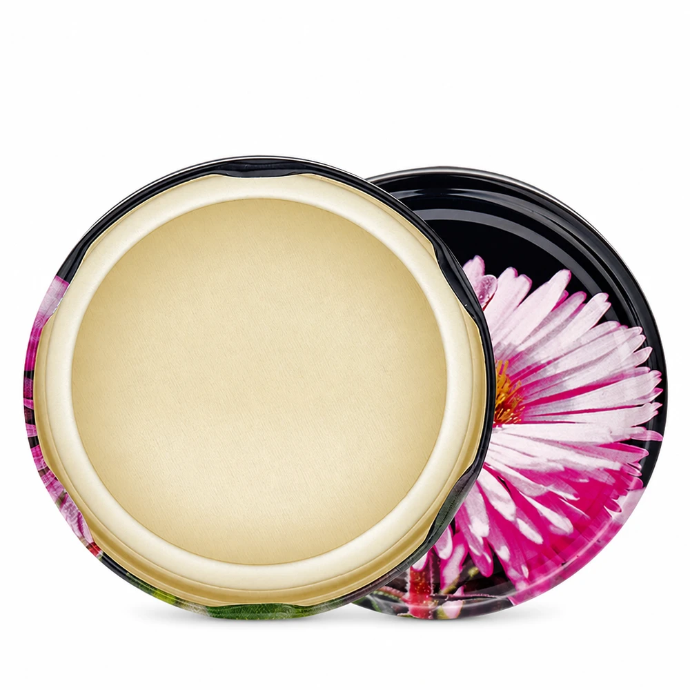 Tapa BasicSeal de 82 mm, modelo «Blüte» (TO82) UNiTWIST Tapa BasicSeal de 82 mm abierta, modelo Blüte TO82, que muestra el interior de color crema con la junta de estanqueidad