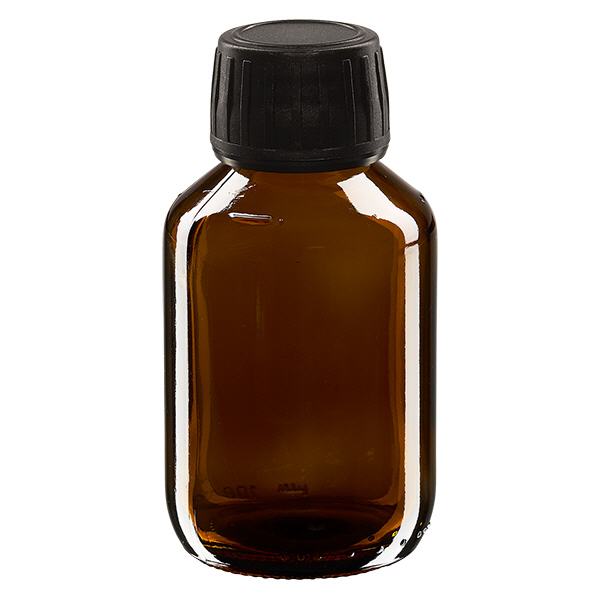 Frasco para medicamentos de 100 ml, marrón, tapón negro con anillo de seguridad ApoGlas Frasco para medicamentos de 100 ml, marrón, tapón negro con anillo de seguridad ApoGlas