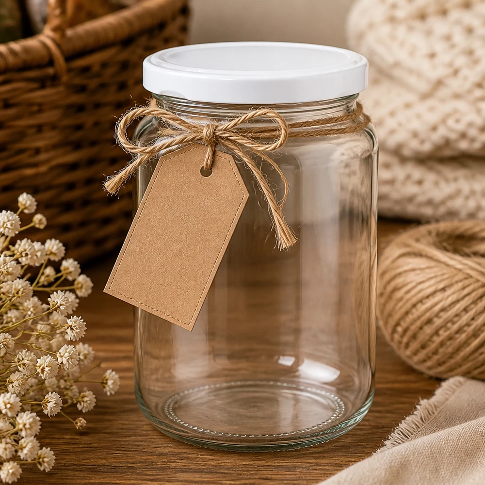 382ml UNiTWIST vaso redondo vacío decorado con cuerda de yute y etiqueta de regalo sobre mesa de madera con flores secas