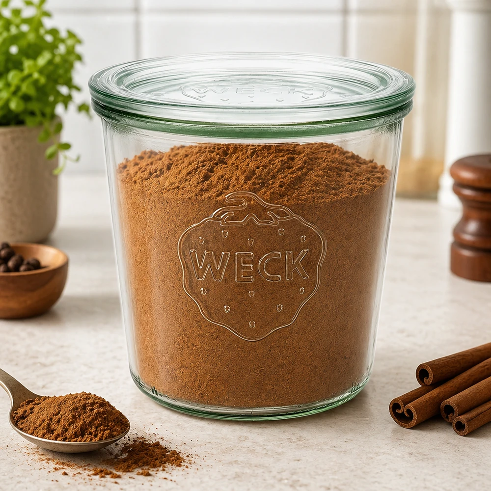 Tarro de cristal RR100 WECK de 580 ml lleno de cacao en polvo y canela en la encimera para guardar especias