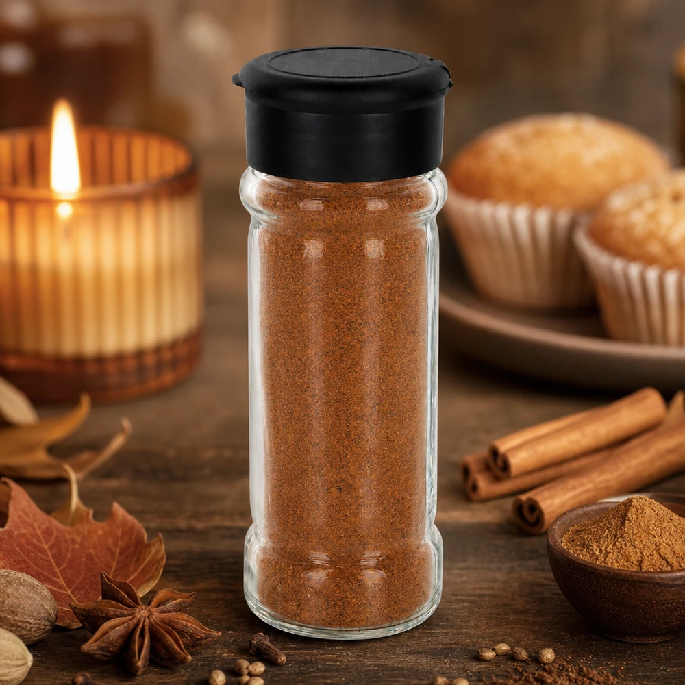 Frasco de especias relleno de canela de 100 ml con un espolvoreador negro, junto a ramas de canela y magdalenas