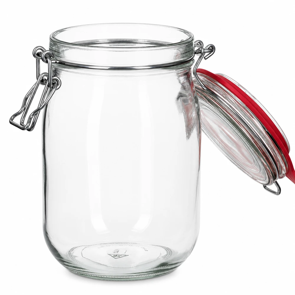 Tarro grande de cristal transparente con cierre de goma roja y asa de metal 1140ml