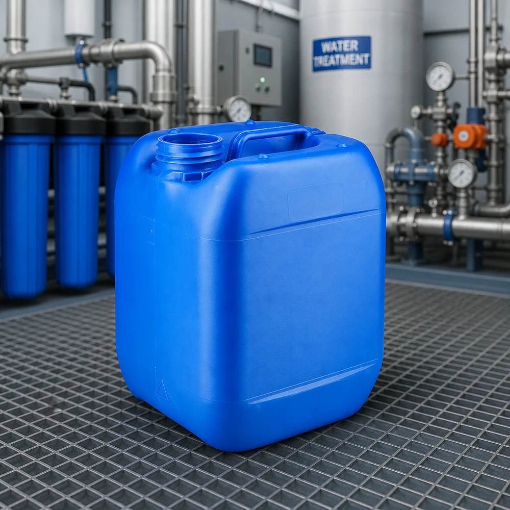 Bidón 5 litros azul sin tapa Bidón azul de 5 litros sin tapón en una planta de tratamiento de agua con sistema de tuberías