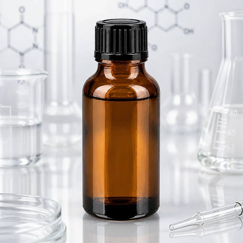 Frasco de vidrio ámbar de 20 ml con tapón de rosca negro, situado entre un matraz de laboratorio y un matraz de Erlenmeyer