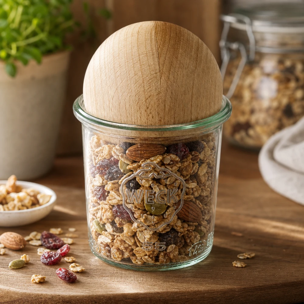 Tarro de conserva WECK 140ml RR60 relleno de frutos secos, cierre de bola de madera de haya como tapa
