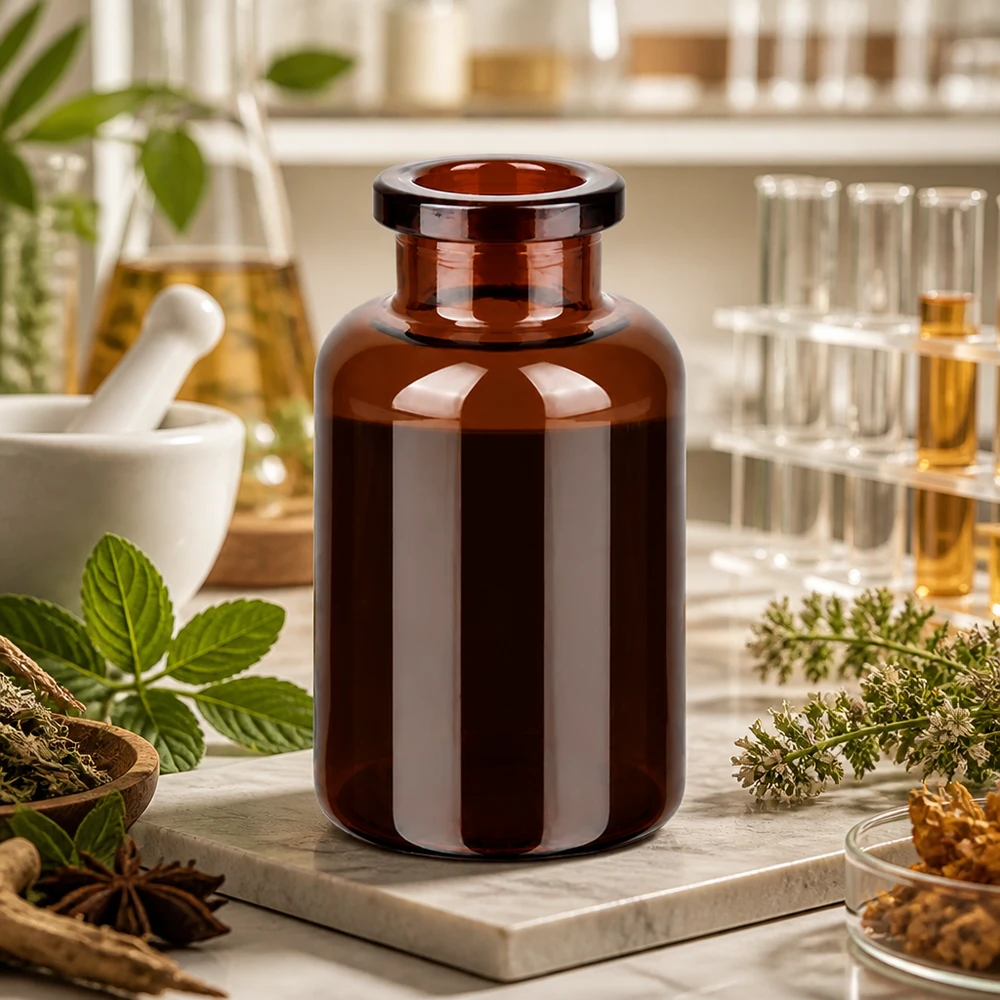Lichtgeschützte Injektionsflasche 20ml Braunglas in naturmedizinischer Forschungsumgebung