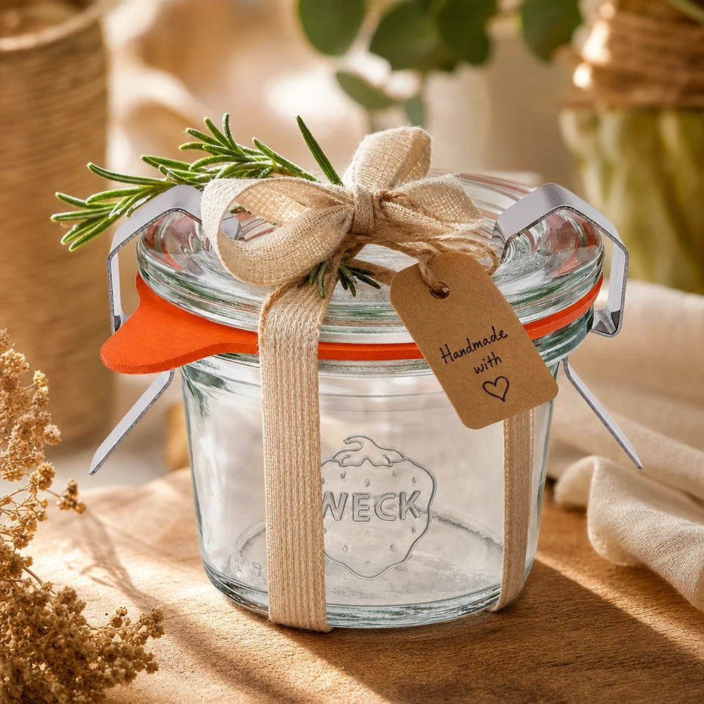 Vaso de 35ml completo WECK RR40 Vaso WECK 35ml RR40 de regalo decorado con cinta de romero y etiqueta hecha a mano