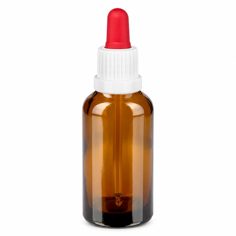 Frasco pipeta de vidrio ámbar de 30 ml con tapón blanco y pipeta roja para una dosificación precisa