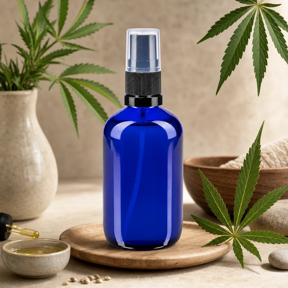 Frasco pulverizador de farmacia de 100 ml en color azul cobalto con plantas de cáñamo y elementos naturales de bienestar con CBD
