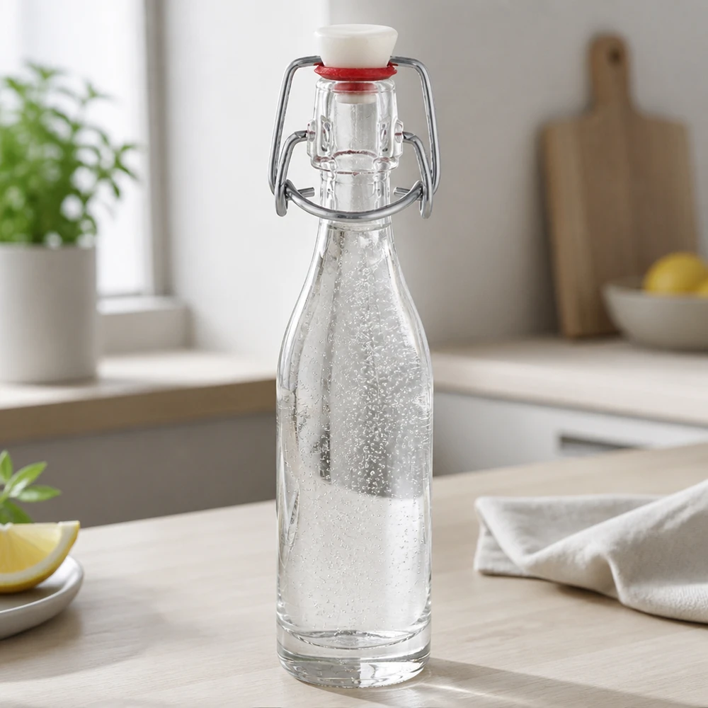 Botella de cristal de 50 ml con tapa abatible llena de agua en una cocina moderna - uso diario práctico