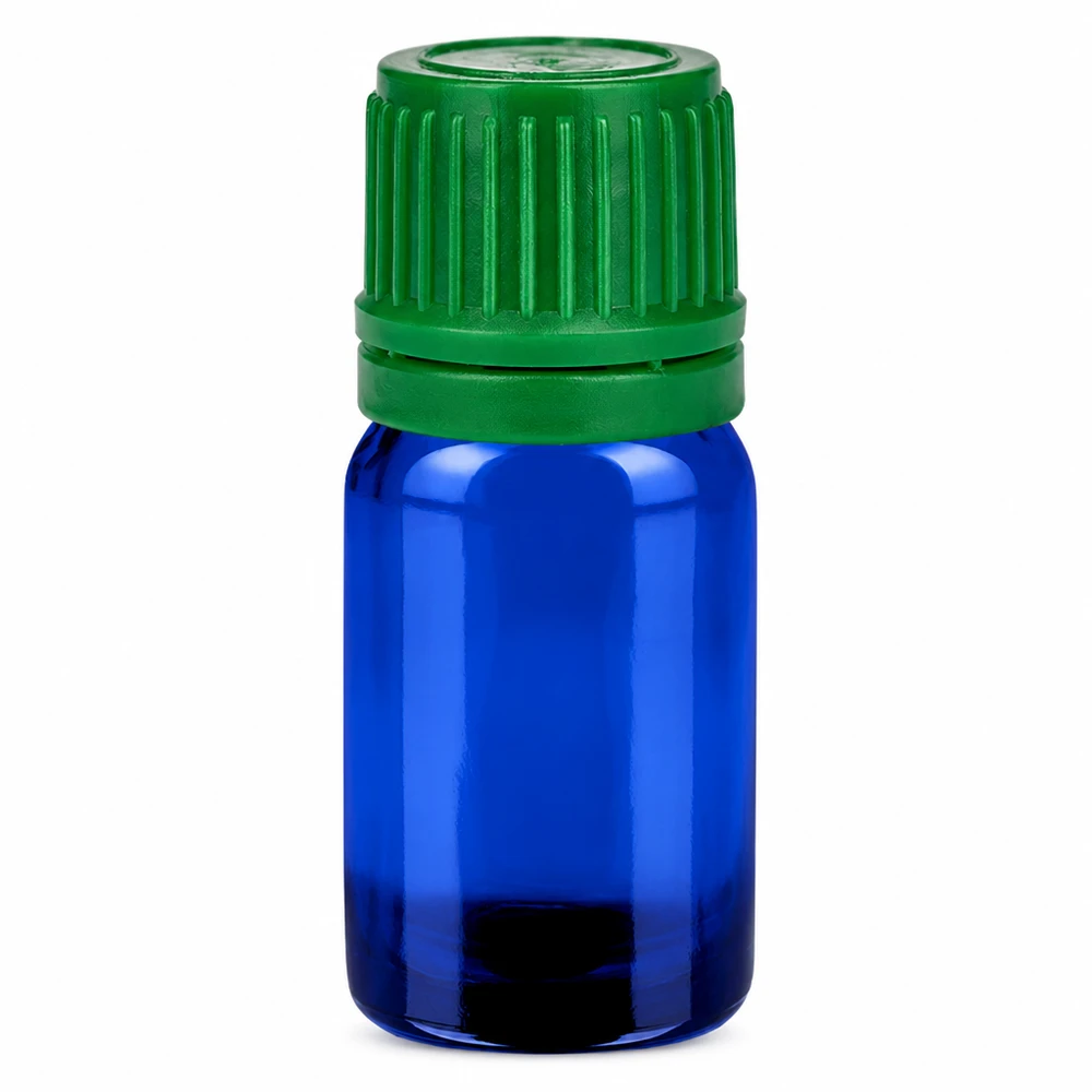 Frasco de 5 ml con tapón de rosca de 11 mm verde con precinto de seguridad BlueLine UT18/5 Frasco de vidrio azul de 5 ml con tapón de rosca verde para aceites esenciales y cosméticos