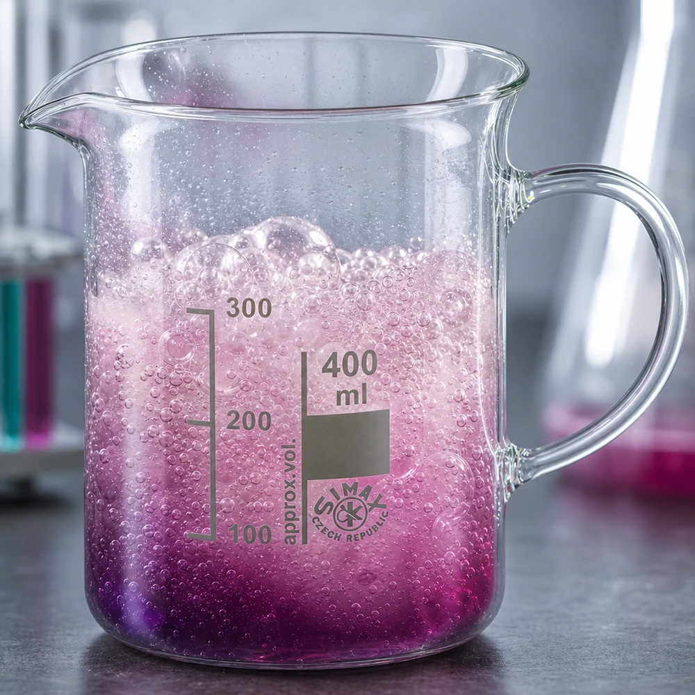 Vaso 400ml vidrio borosilicato, con asa Vaso de precipitados de 400 ml con asa, reacción efervescente de color rosa, burbujas chispeantes, vidrio borosilicato, laboratorio