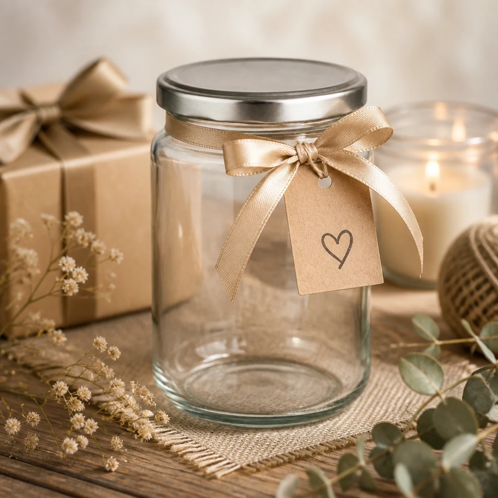 Tarro redondo de 382 ml con tapa plateada decorado con cinta de regalo colgante de corazón tarro de conserva idea regalo