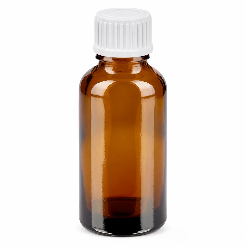 Frasco de vidrio ámbar de 30 ml con tapón cuentagotas blanco de 0,9 mm para una dosificación precisa