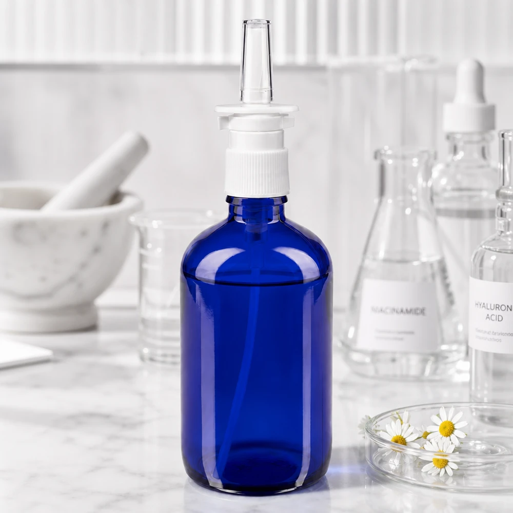 Botella de farmacia azul 100ml spray nasal blanco estándar Frasco de cristal azul cobalto de 100 ml con pulverizador nasal, situado entre los frascos de laboratorio de niacinamida y ácido hialurónico