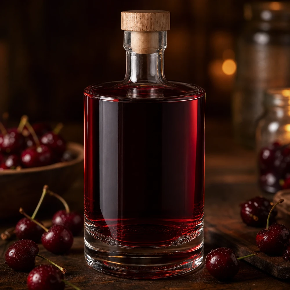 Botella de cristal de 500 ml Marie llena de licor de cerezas rojas - tapón de corcho de madera - Foto de producto Lifestyle con cerezas