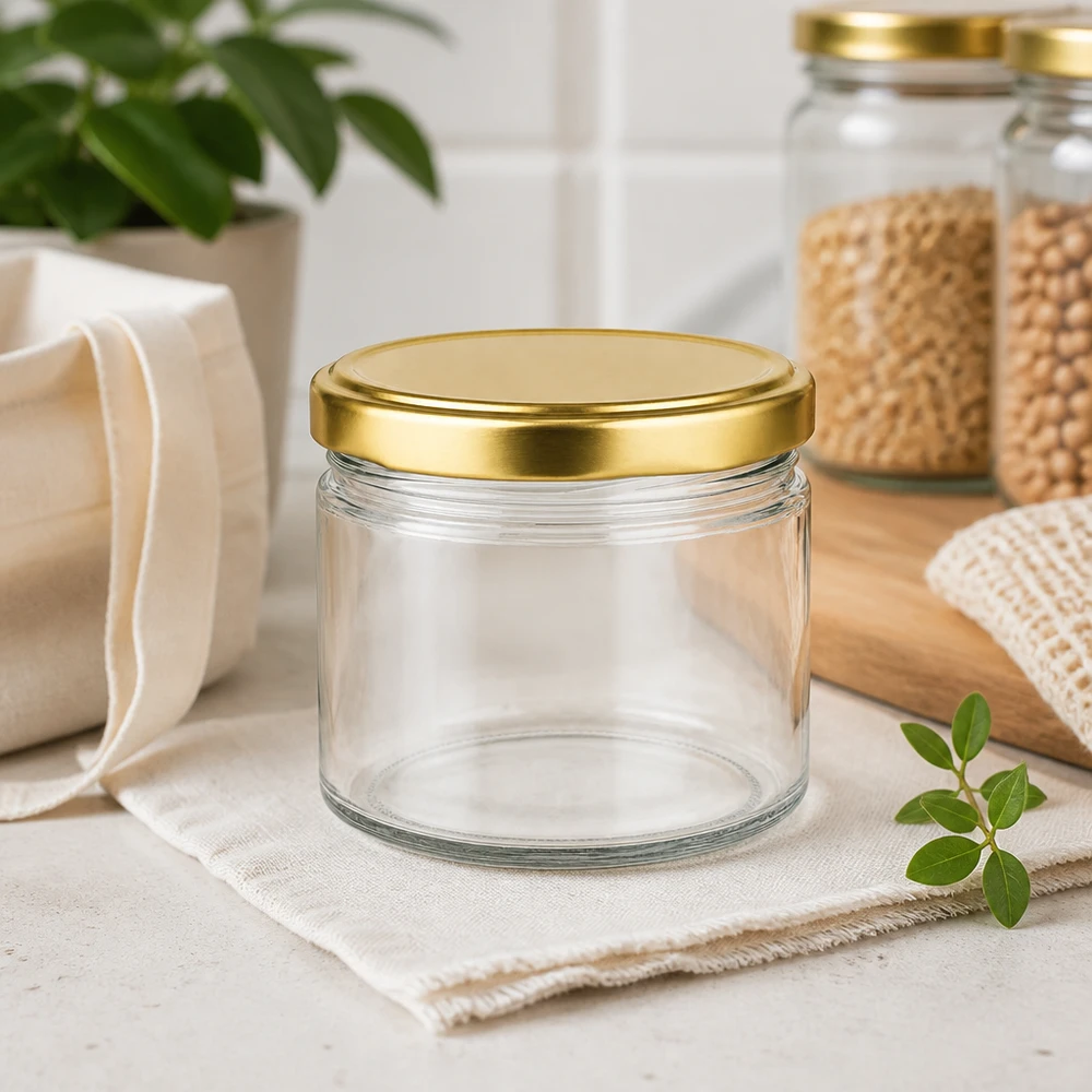 Tarro redondo de 540 ml con tapa dorada BasicSeal vacío en decoración de cocina sostenible con fibras naturales y plantas