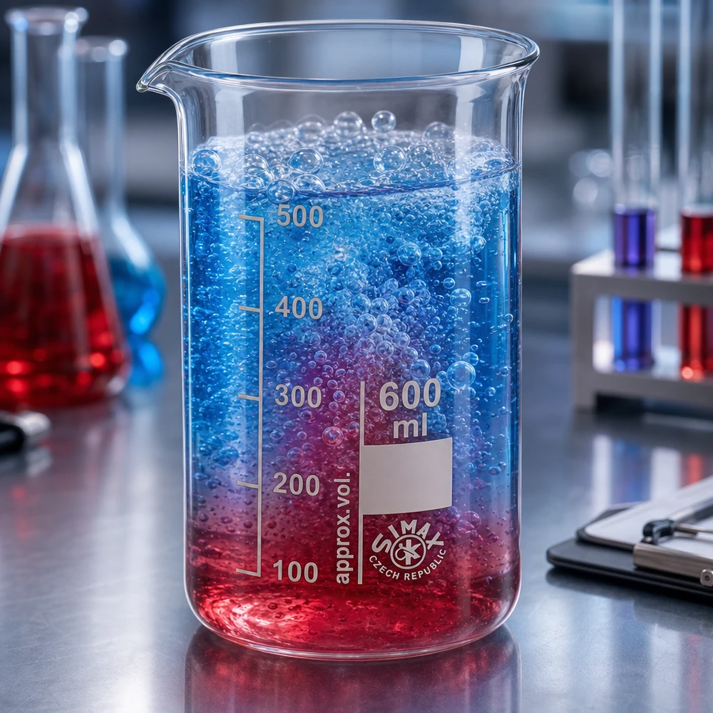 Vaso de precipitados reactivo de 600 ml con un líquido bifásico azul y rojo y burbujas que ascienden en el laboratorio