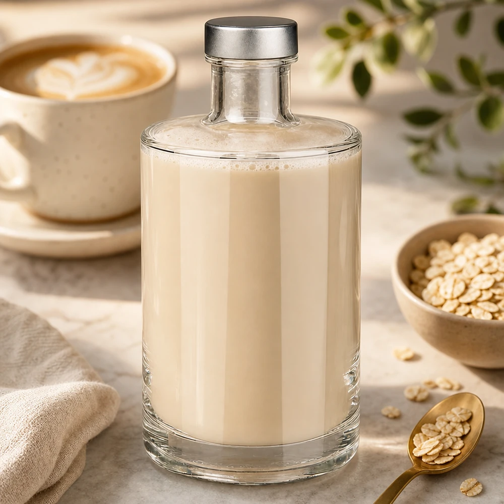 Botella de cristal de 375 ml de Sam llena de cremosa leche de avena junto a una taza de café y copos de avena en una cocina de color claro.