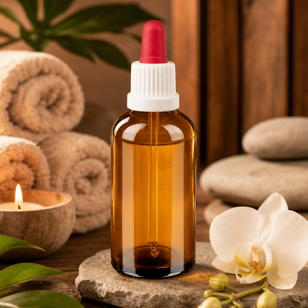 Frasco pipeta 50ml blanco/rojo cierre inviolable BrownLine UT18/50 Pequeño frasco pipeta de 50 ml de vidrio ámbar con protección UV y punta cuentagotas de color para aromaterapia