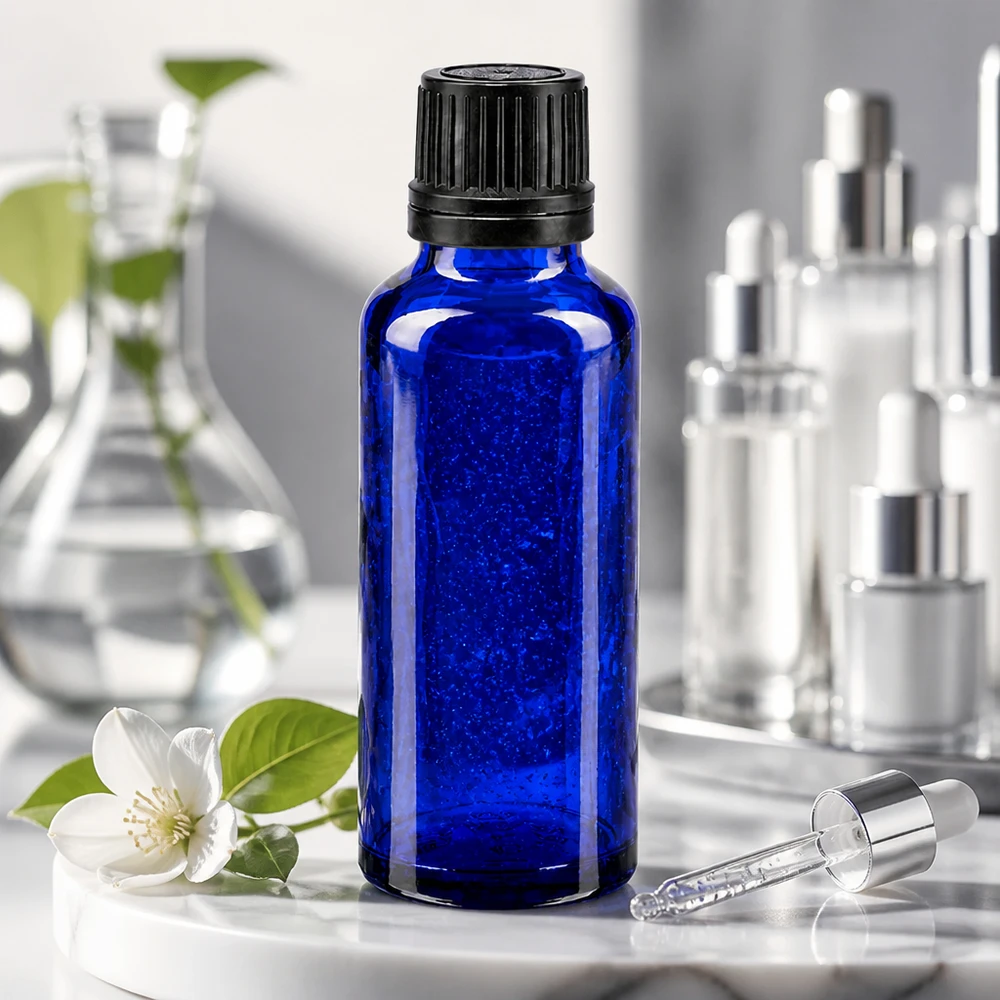 Botella de farmacia azul 30ml tapón de rosca negro anillo de vertido cierre inviolable Frasco cuentagotas de 30 ml de color azul cobalto, fabricado en vidrio de farmacia, con tapón de seguridad negro y pipeta