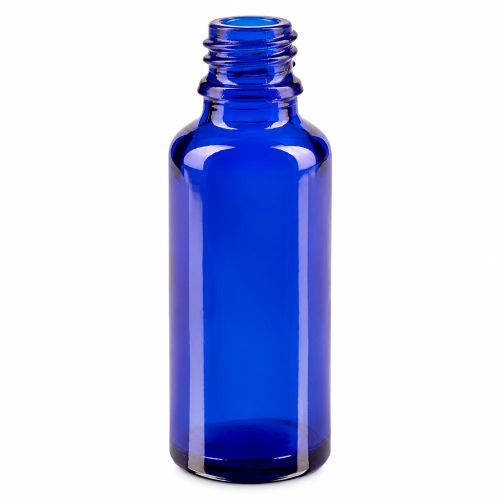 Frasco de farmacia azul ApoGlas de 30 ml, fabricado en vidrio borosilicato de alta calidad con tapón de rosca