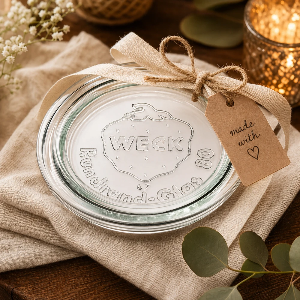 Tapa de tarro WECK RR80 envuelta para regalo con cinta de yute y etiqueta hecha con amor decorada en tela de lino