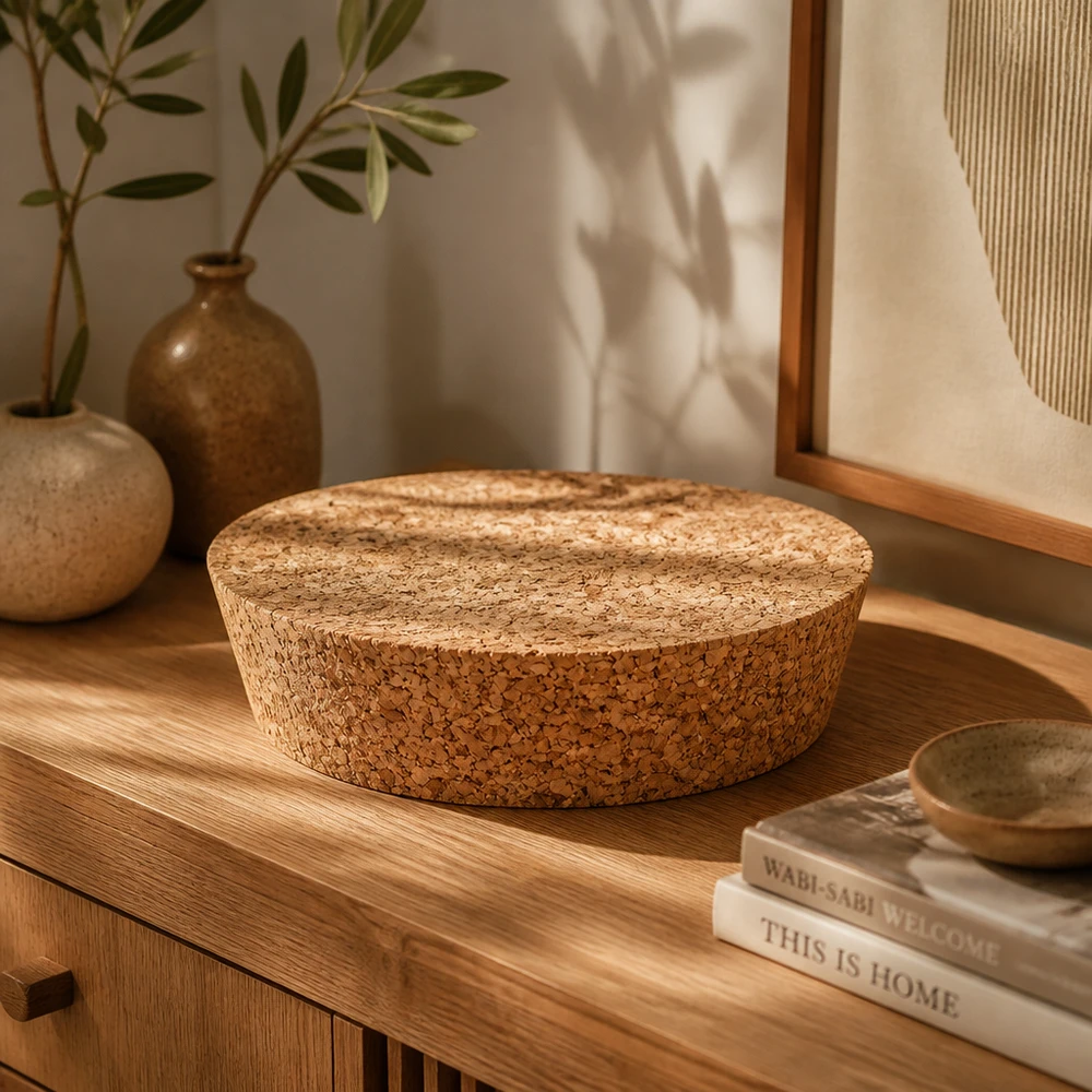 WECK RR80 tapón de corcho natural sobre cajonera de madera con libros y jarrones de cerámica decoración moderna de salón apertura 75mm
