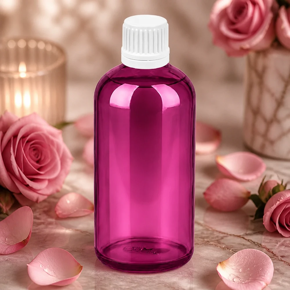 Frasco cuentagotas de 100 ml 0,7 mm blanco Originalidad tapón de rosca PurpleLine UT18/100 Pequeño frasco cuentagotas de 100 ml en elegante violeta con tapón de rosca blanco para cosméticos y productos de cuidado