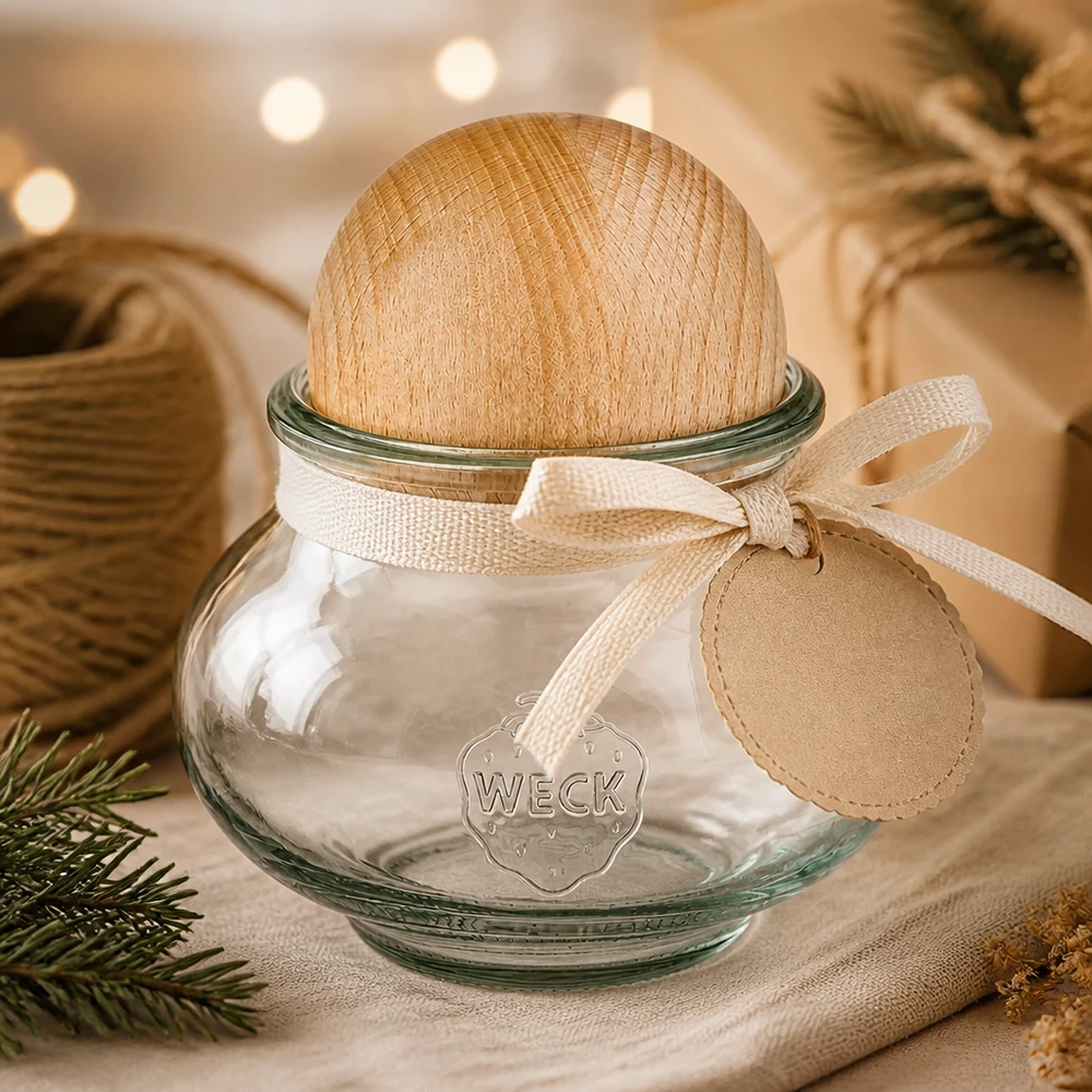 WECK tarro de conserva 560ml RR80 bola de madera de haya envase de regalo lazo decoración navideña presentación festiva