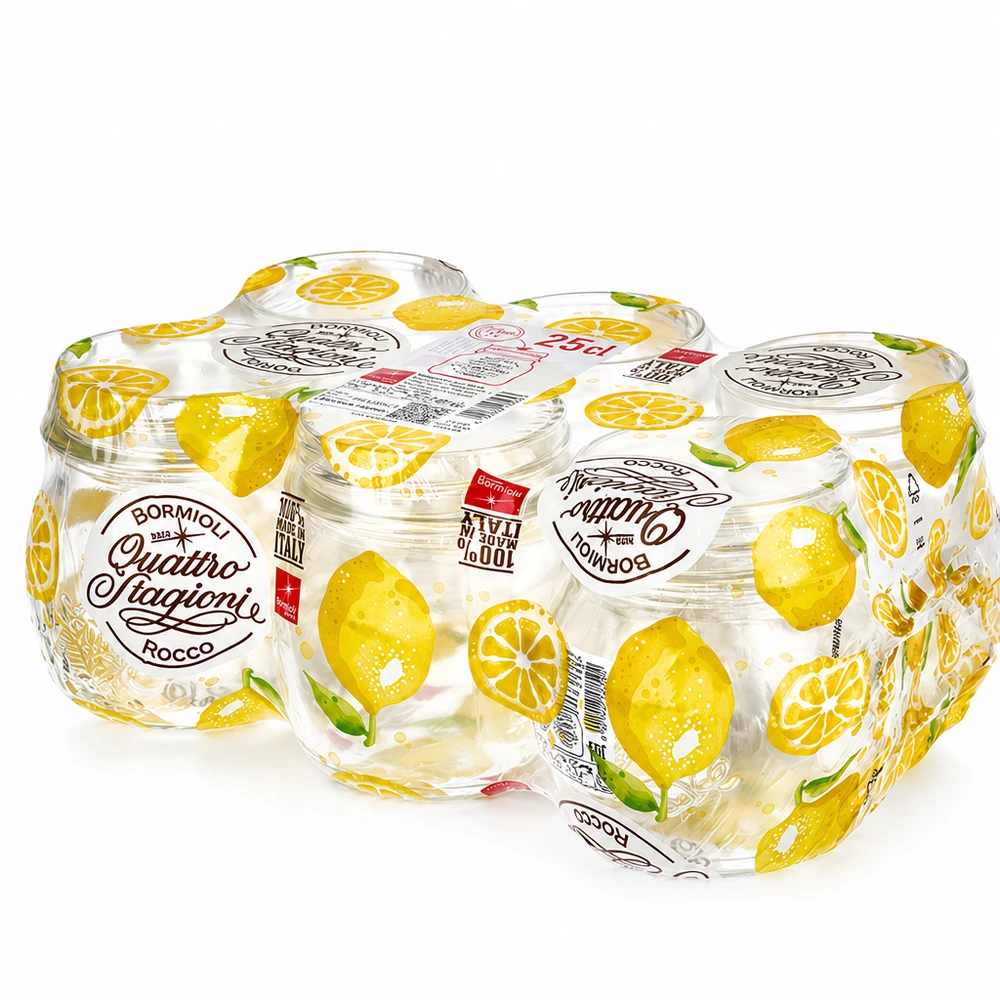 Vaso redondo de 250ml "Quattro Stagioni" QS70mm Bormioli Rocco Quattro Stagioni Juego de 6 tarros de conserva de 250 ml con motivo de limón y tapa de rosca