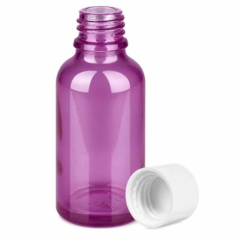 Frasco gotero de cristal violeta de 30 ml con tapón blanco para aceites esenciales y sueros
