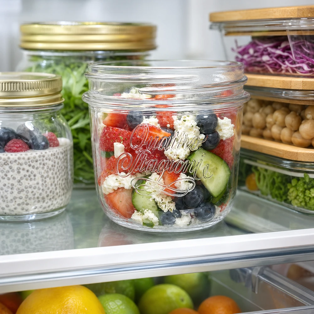 Tarro decorativo Quattro Stagioni de 200 ml con ensalada fresca en el frigorífico junto a otros tarros de conservación de alimentos