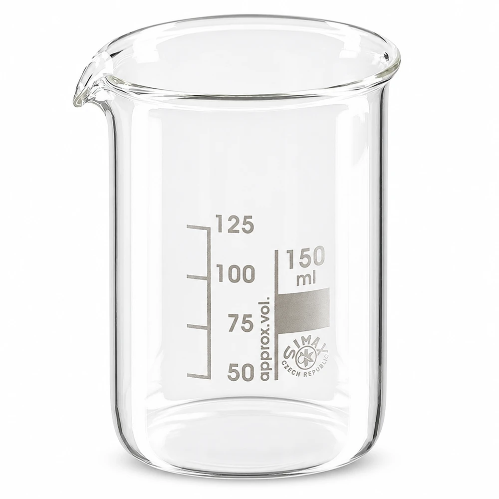 Vaso de 150 ml de vidrio borosilicato con pico y graduación para uso en laboratorio
