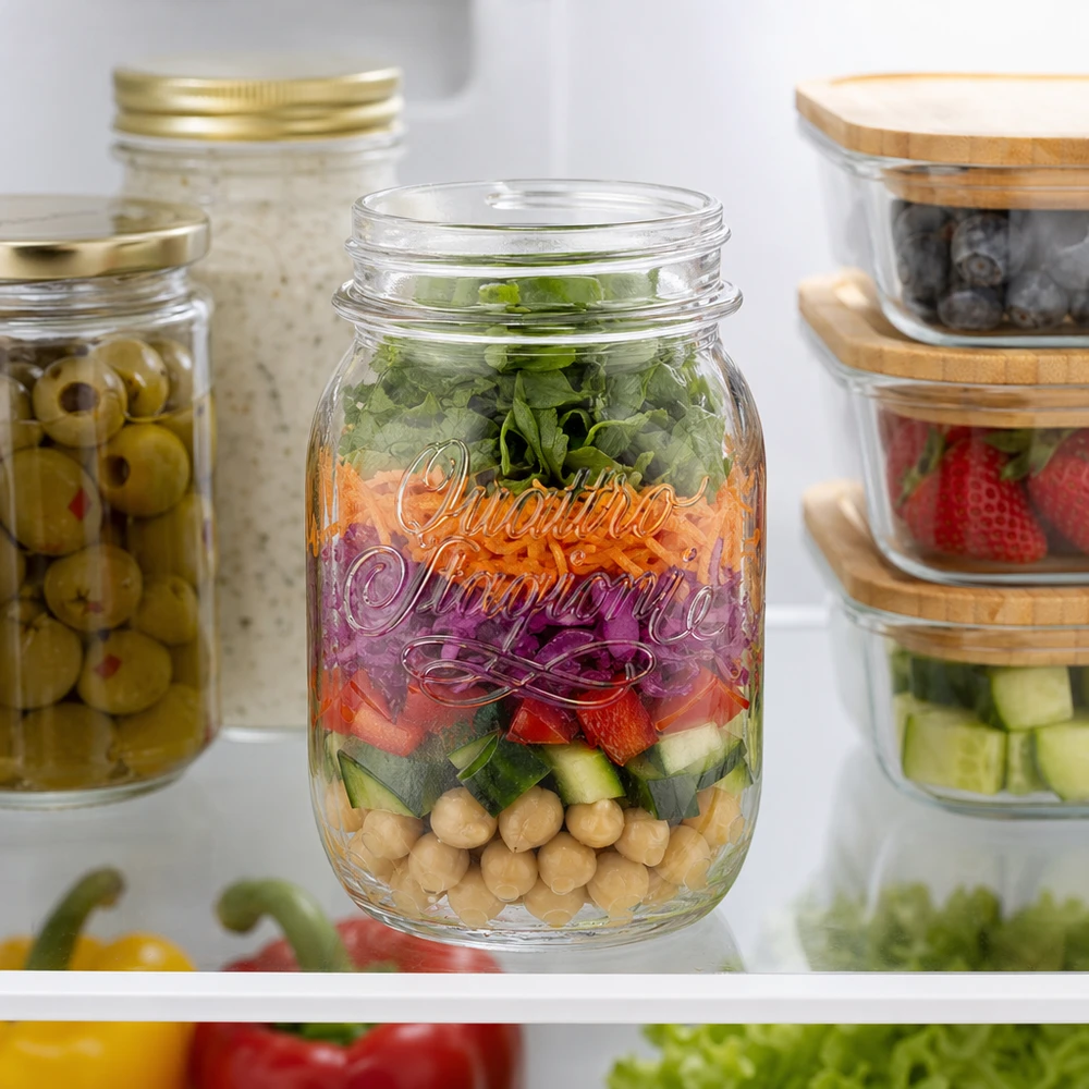 Tarro redondo de 500ml "Quattro Stagioni" QS70mm Tarro doméstico Quattro Stagioni de 500 ml lleno de ensalada en capas en el frigorífico junto a otros tarros de almacenamiento