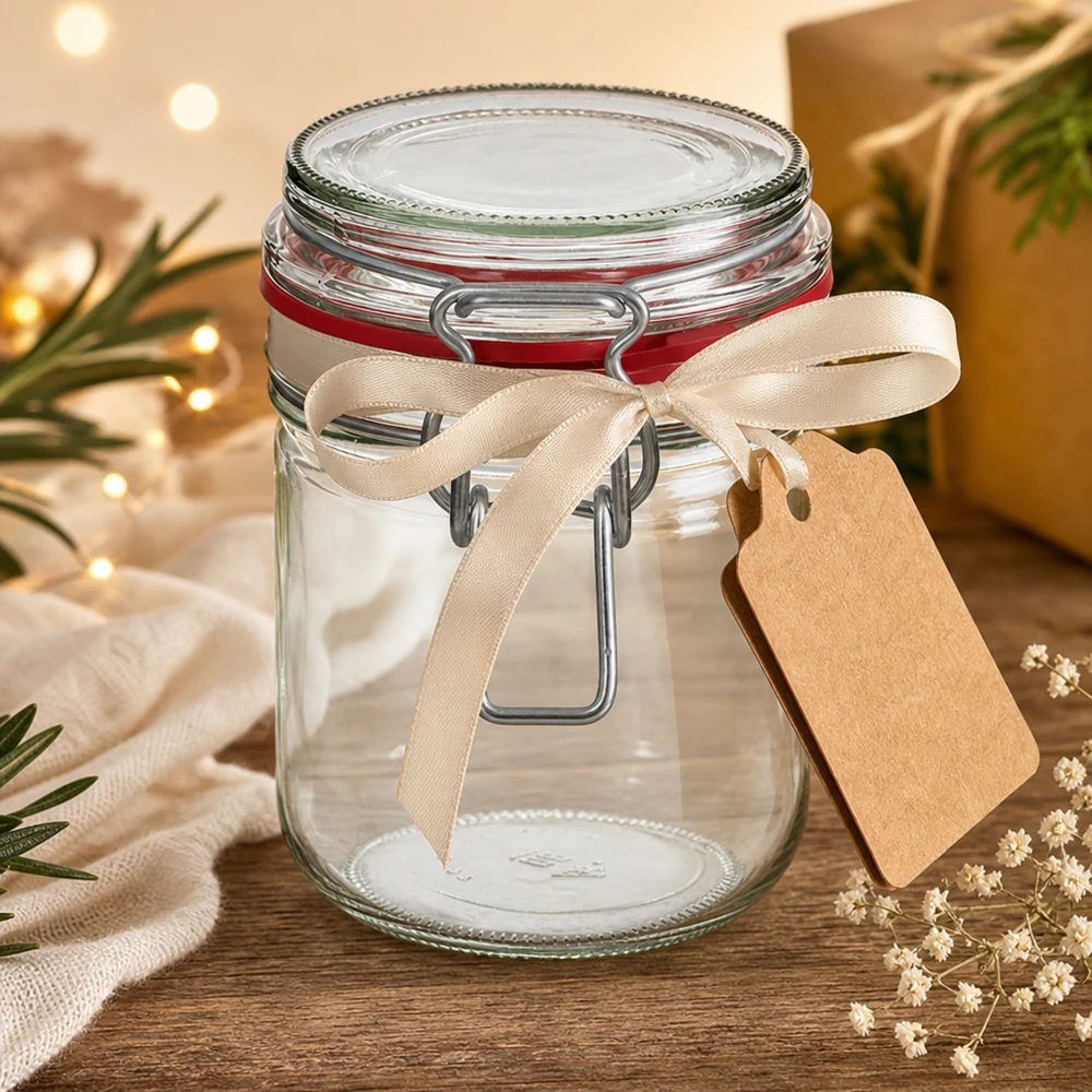 Tarro decorativo de 400 ml con lazo color crema y etiqueta de regalo para ocasiones especiales