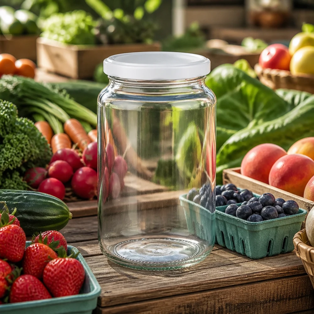 Tarro redondo UNiTWIST de 382 ml vacío con tapa blanca BasicSeal entre frutas y verduras frescas sobre una mesa de madera