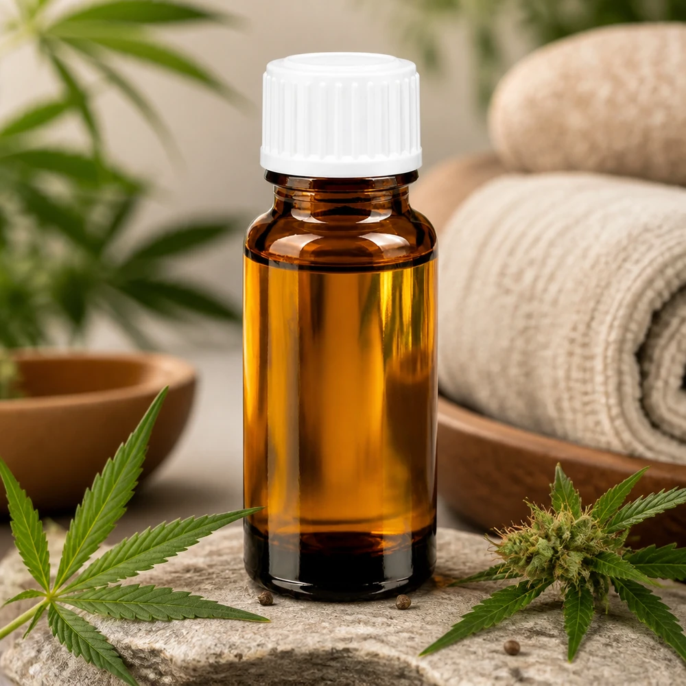 Frasco cuentagotas marrón de 10 ml con tapón blanco junto a hojas de cannabis y piedras naturales