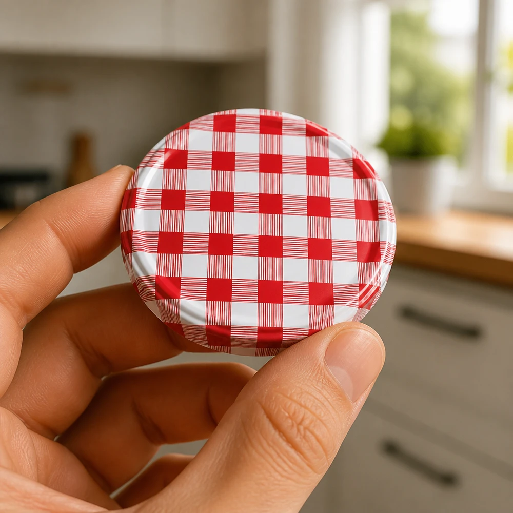 Mano sosteniendo una tapa de rosca BasicSeal de 82 mm con diseño a cuadros rojos y blancos en la cocina