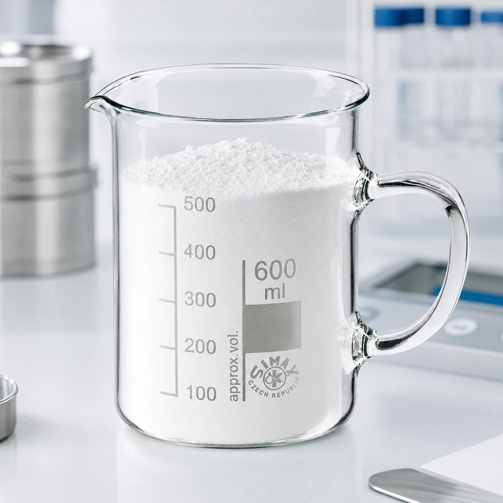 Vaso de precipitados de 600 ml con asa, lleno de polvo blanco sobre una mesa de laboratorio blanca