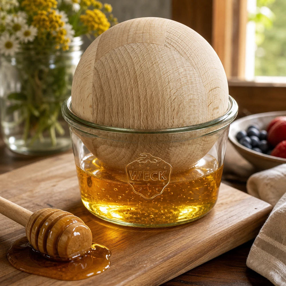 WECK Tarro de 370ml como dispensador de miel con bola de haya sobre tabla de madera junto a cuchara de miel decoración natural de cocina