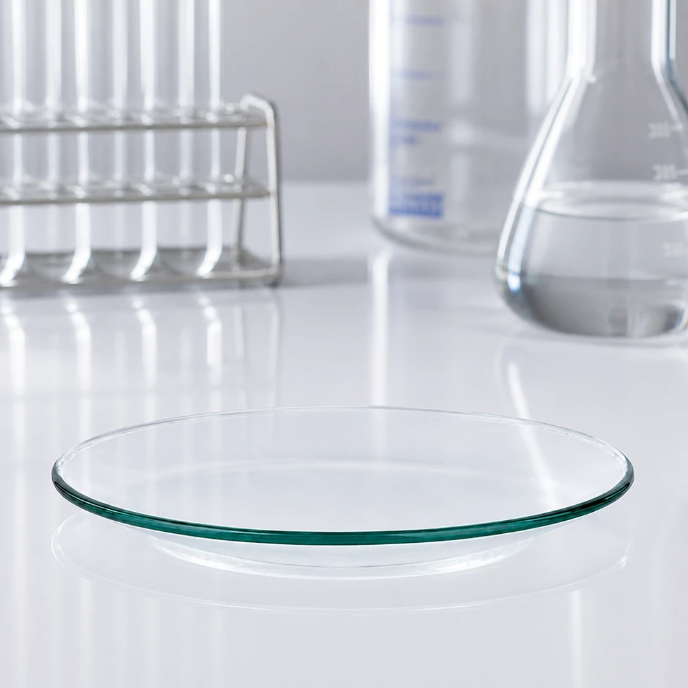Plato de vidrio en forma de reloj ø90 mm Cuenco vacío de 90 mm de diámetro de vidrio de laboratorio transparente sobre una superficie blanca