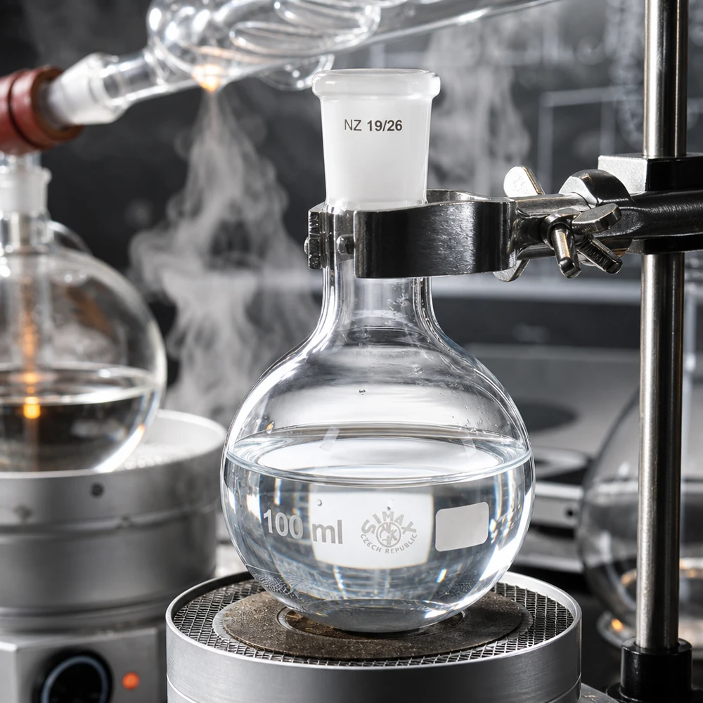 Frasco de 100 ml con junta esmerilada estándar (19/26) Matraz Erguido 100ml en aparato de destilación - vidrio de laboratorio resistente al calor con junta esmerilada estándar 19/26