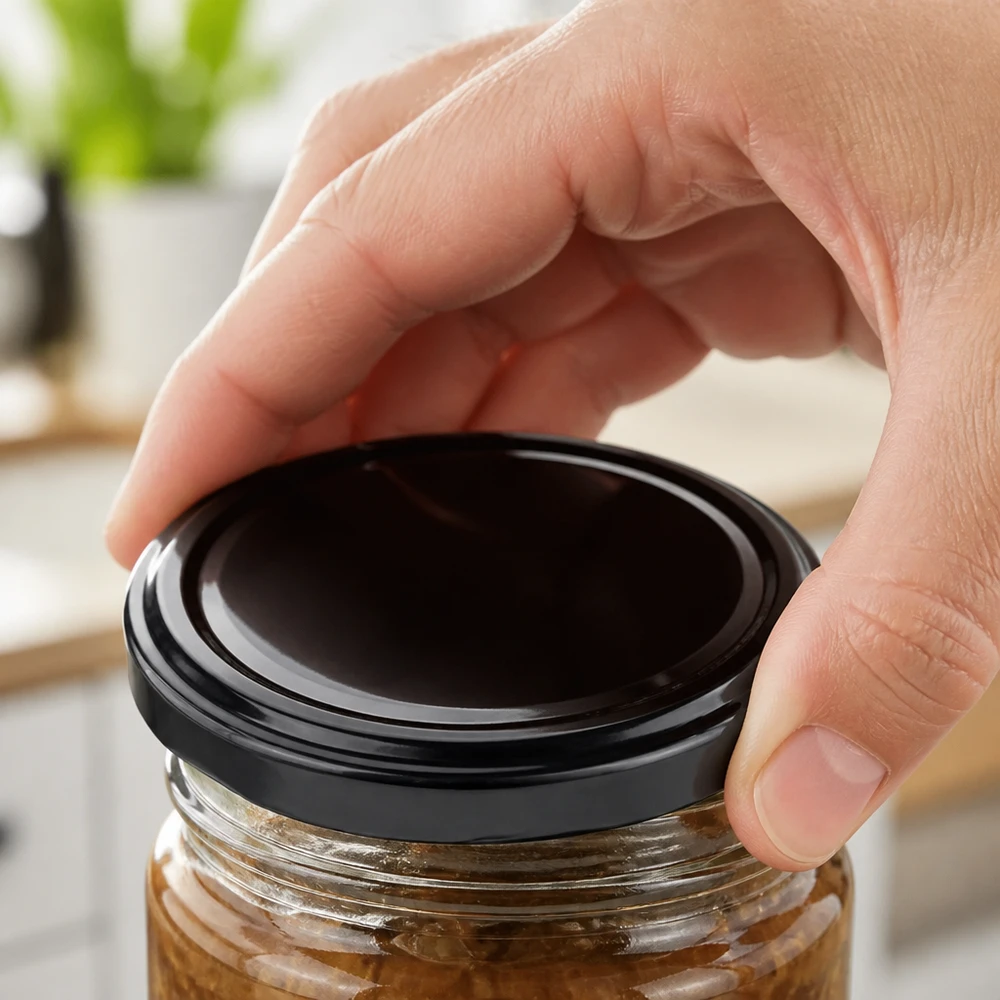Una mano coloca una tapa metálica negra TO70 en un tarro de conserva con contenido marrón UNiTWIST de 70 mm