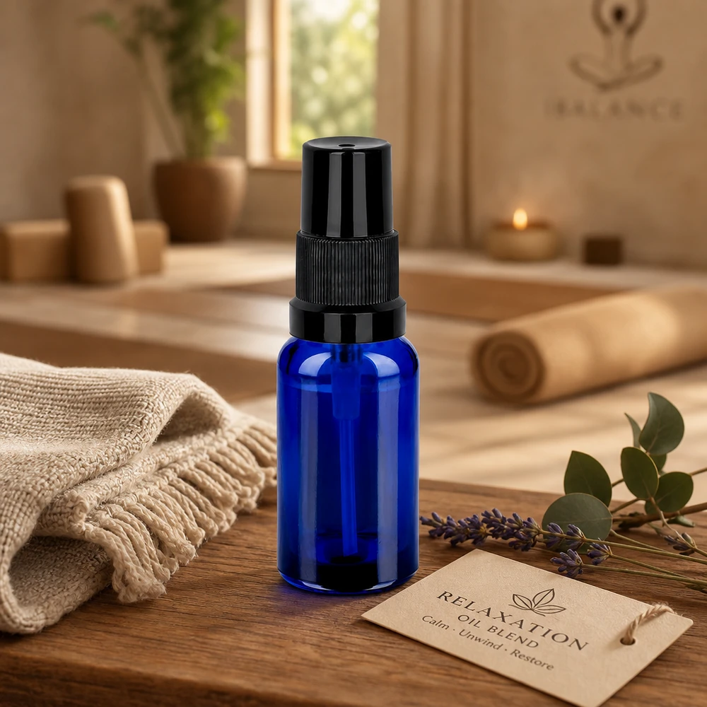Frasco pulverizador de vidrio de alta calidad de 20 ml en vidrio azul cobalto intenso con robusto tapón pulverizador negro