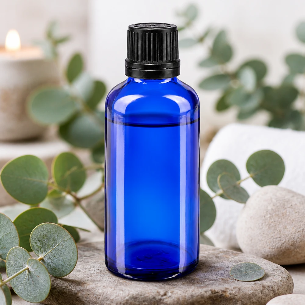 Frasco de cristal azul cobalto de 50 ml con tapón de rosca negro, sobre piedras naturales con ramitas de eucalipto