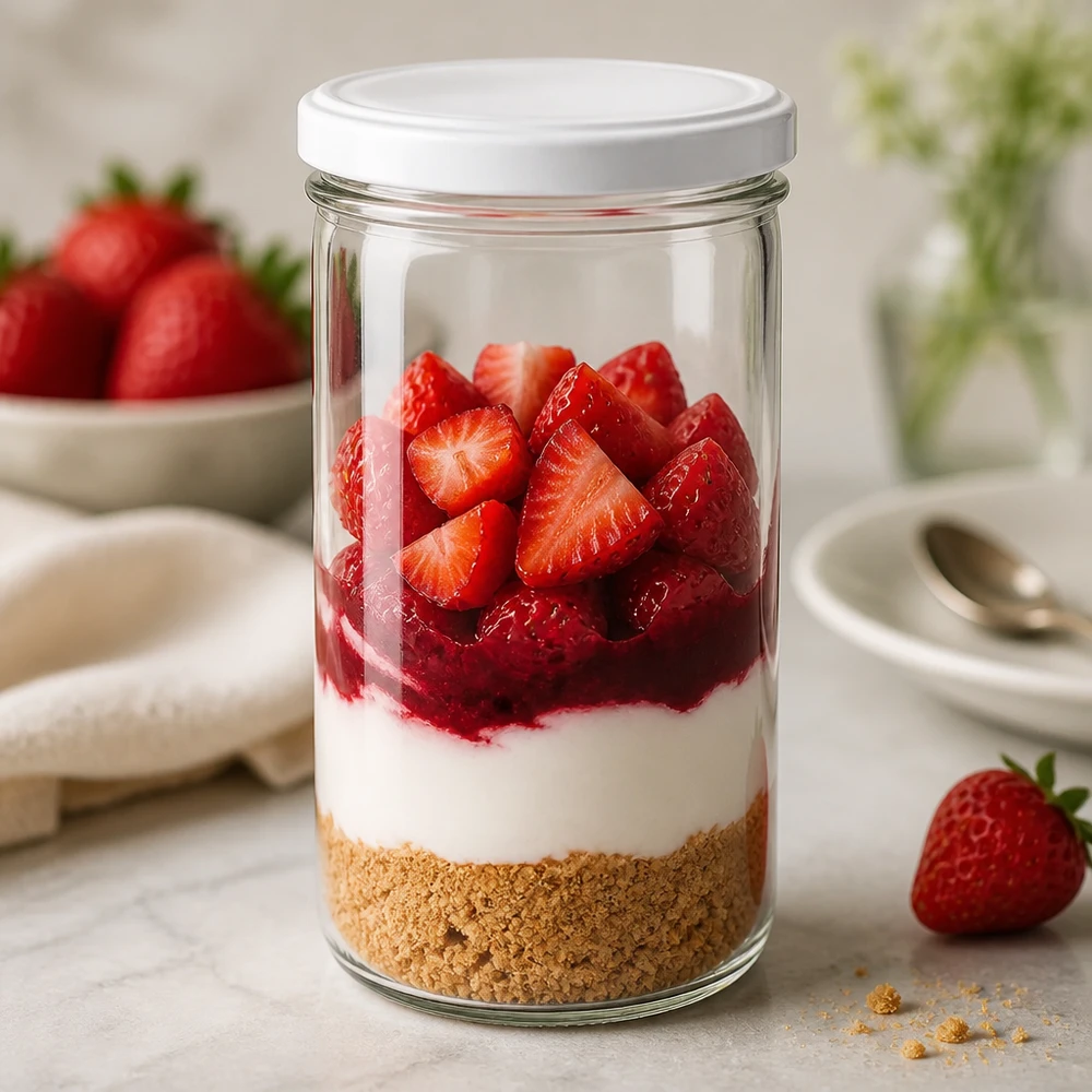 Tarro de cristal de 277 ml relleno de postre de fresa - postre en capas en un tarro de conserva con base de galleta y fruta fresca