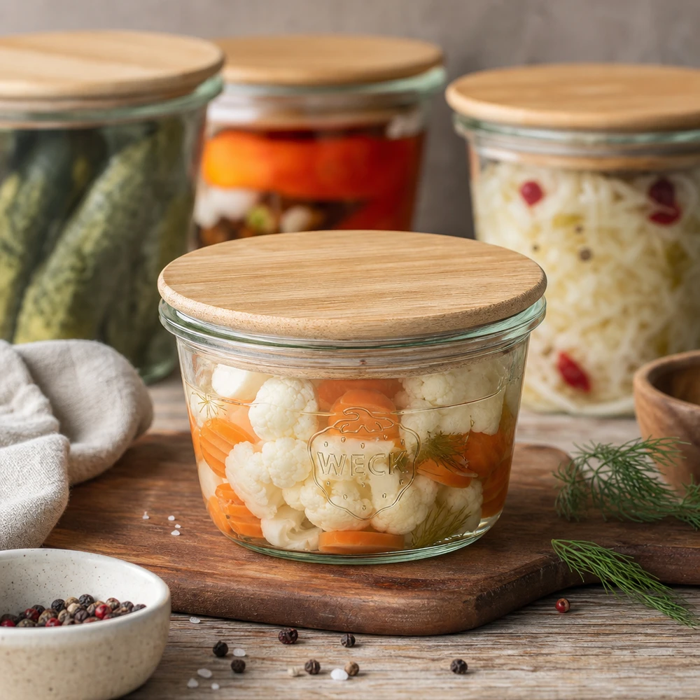 Tarro mini WECK RR60 de 50ml con tapa de madera WECK mini mason jar 50ml lleno de coliflor y zanahorias como tarro de conserva con tapa de bambú sobre tabla de madera