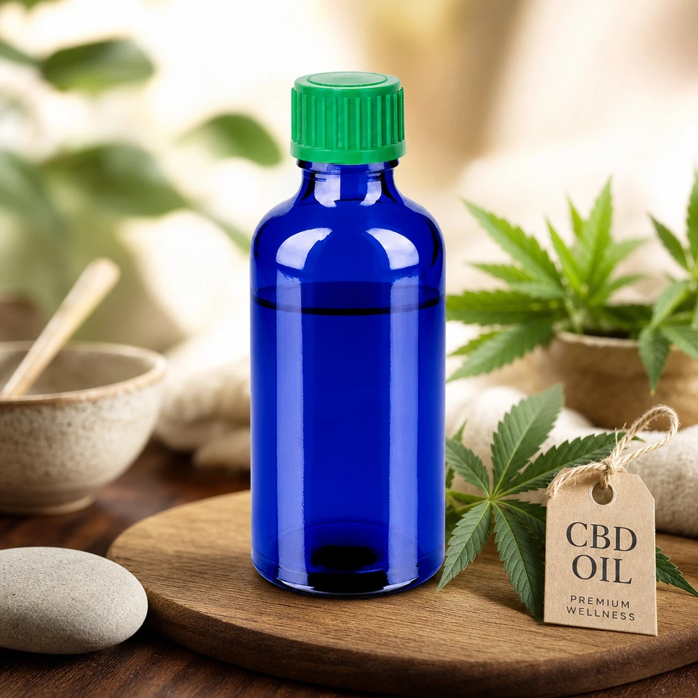 Frasco cuentagotas compacto de 50 ml en elegante color azul para el uso móvil de aceite y extractos de CBD