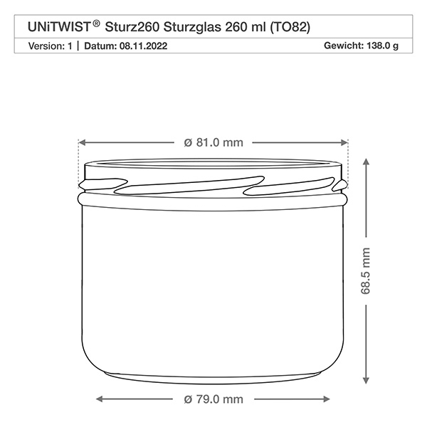 Vasos de 260ml sin tapa (TO82) UNiTWIST Vasos UNITWIST 260ml TO82 con dibujo técnico y dimensiones 81mm diámetro 68.5mm altura
